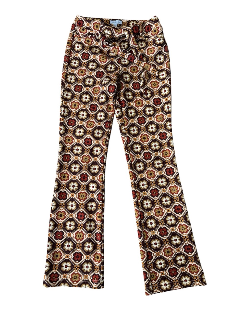 Retro 70s Boho Floral Tile Flare Pants Small - Bell Bottoms Hippie